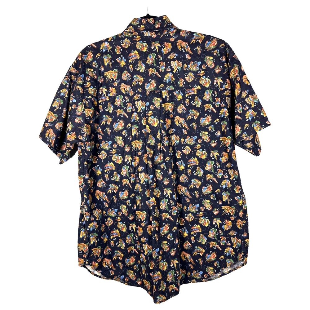 Gary Nesse Vintage Fly Fishing Hook Print Short Sleeve Button Shirt Size Large